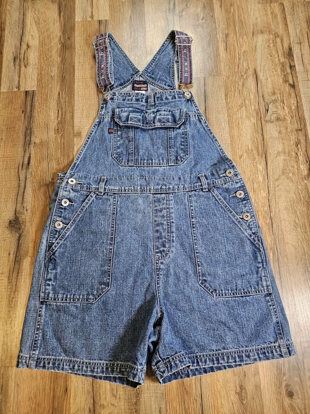 Vtg BUM Equipment Blue Denim Shortalls Short Bib Overalls Y2K 90s Logo Size M
